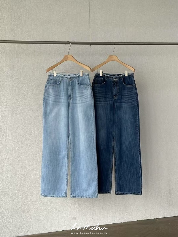 腰毛邊直筒牛仔褲